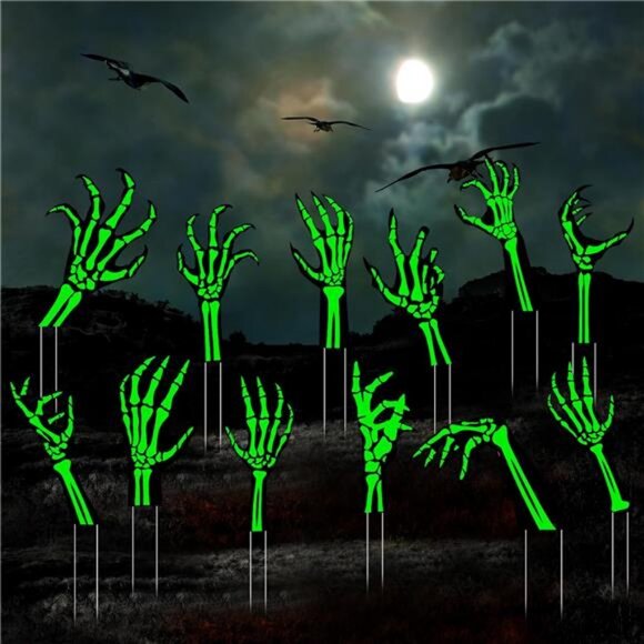 12 Pack Halloween Yard Signs with Stakes Glow in The Dark Plastic Skeleton - Picture 1 of 7